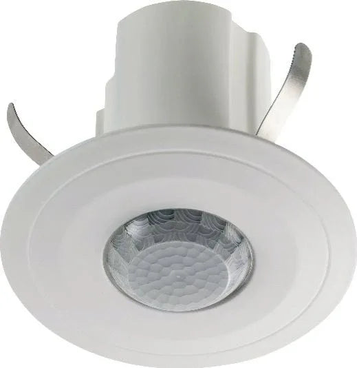 White Belimo ceiling multi sensor detecting light motion with 0..10V output relay mounted in modern office space