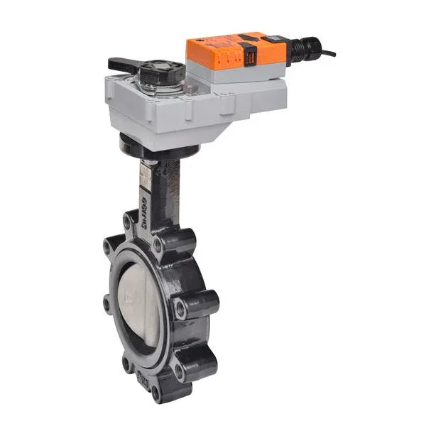 Belimo 5" 2-way butterfly valve with 24V actuator mounted in HVAC piping for water shut-off