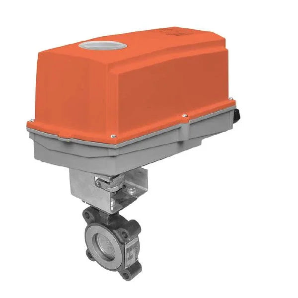 Belimo 4 inch 2-way butterfly valve with 24V modulating actuator mounted in HVAC water piping for chiller isolation control