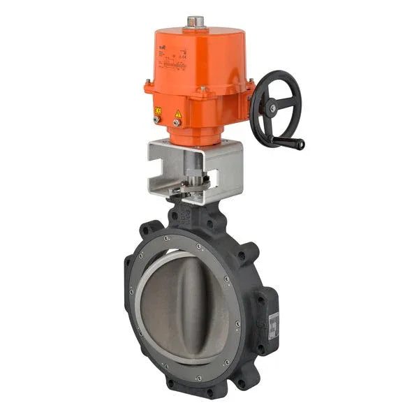 Belimo 12 inch 2-way butterfly valve with 230V actuator mounted in HVAC piping for chiller isolation and cooling systems