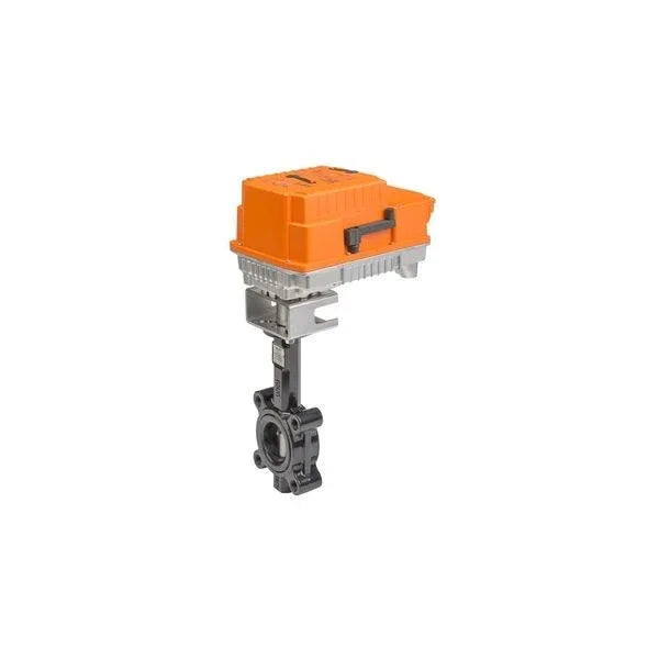 Belimo 3 inch 2-way butterfly valve actuator mounted on HVAC piping for chiller isolation control