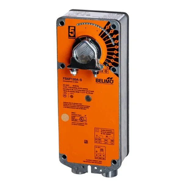 Belimo 20Nm 120V spring-return fire smoke actuator mounted on ventilation damper for fail-safe building safety applications