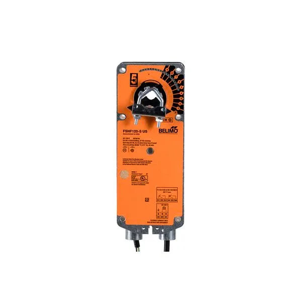 Close-up of Belimo 8Nm 120V spring-return actuator mounted on fire smoke damper in HVAC ventilation duct