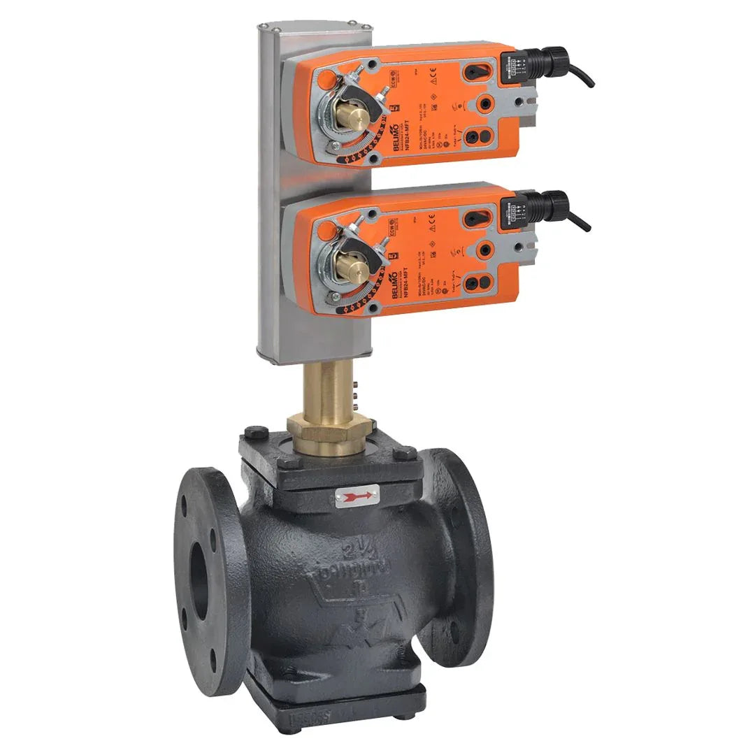 Close-up of Belimo 6" 2-way G6 globe valve Cv344 with spring-return AFB actuator on HVAC piping for water systems