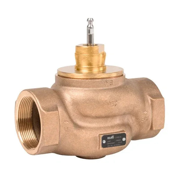 Belimo G240B-N 1-1/2 inch NPT-threaded 2-way globe valve installed in HVAC water piping system for precise flow control