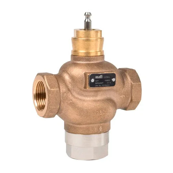 Belimo G332B-M 1-1/4 inch NPT threaded 3-way globe valve installed in HVAC water piping system for precise flow control