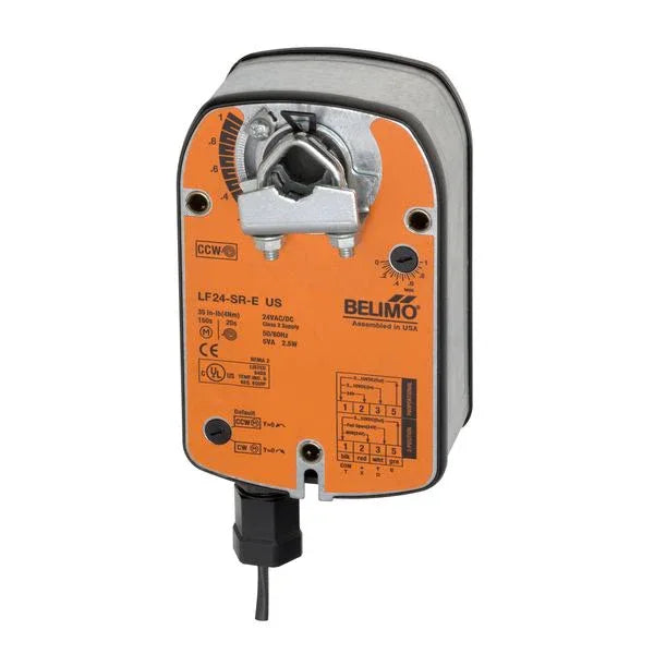 Belimo LF series 24V 4Nm modulating spring return actuator positioned on air damper for HVAC fail-safe operation