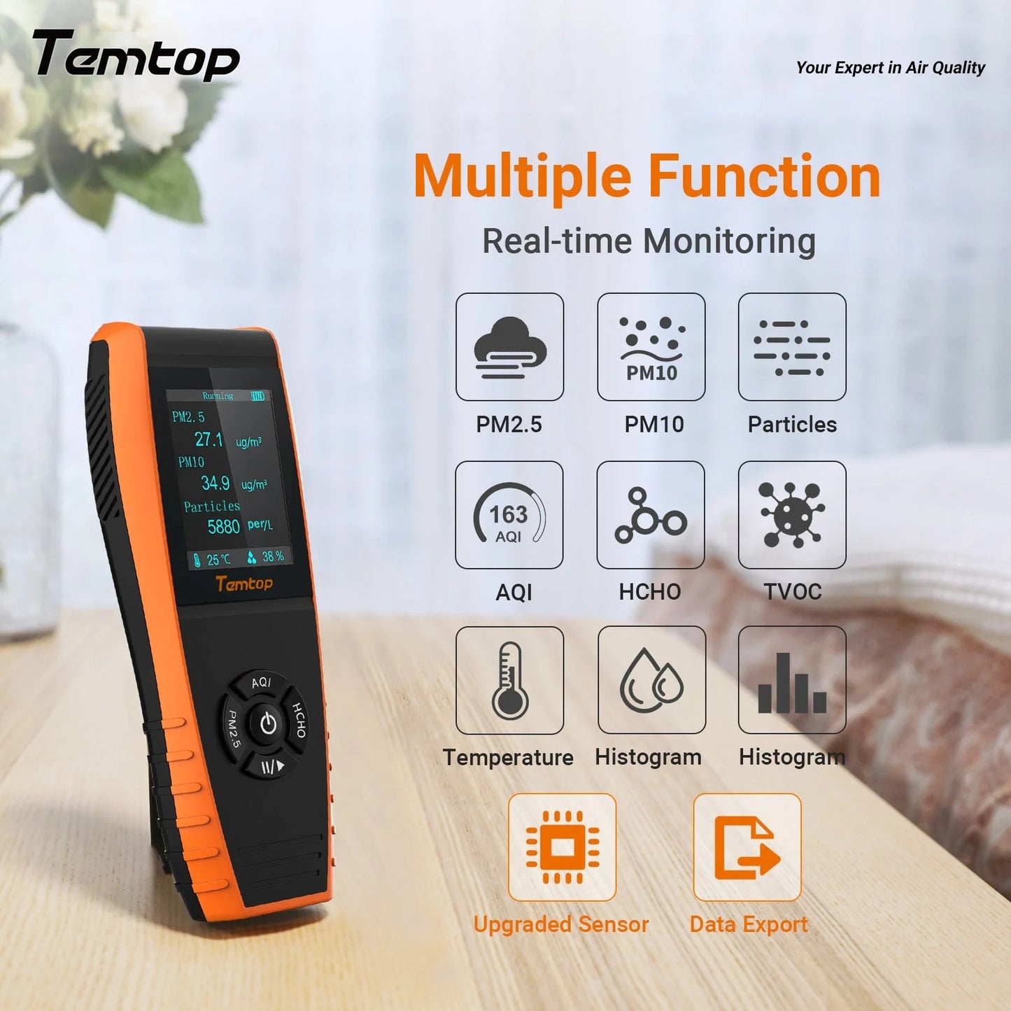 Temtop LKC-1000S+ 2nd Gen Professional Air Quality Detector - HCHO, PM2.5, PM10, TVOC