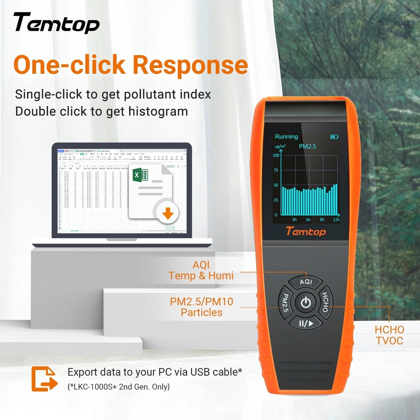 Temtop LKC-1000S+ 2nd Gen Professional Air Quality Detector - HCHO, PM2.5, PM10, TVOC