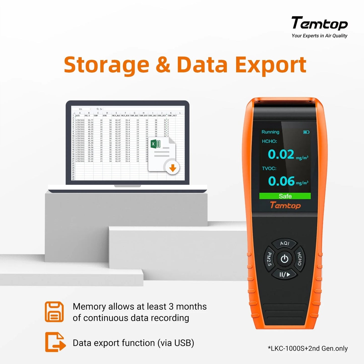 Temtop LKC-1000S+ 2nd Gen Professional Air Quality Detector - HCHO, PM2.5, PM10, TVOC