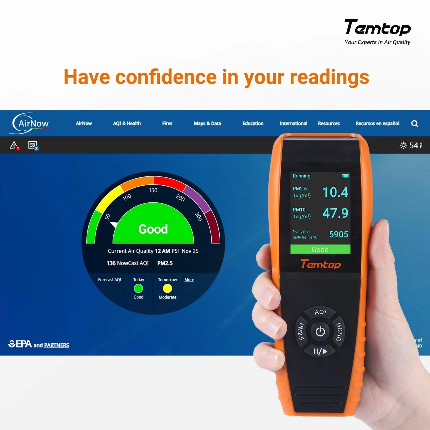 Temtop LKC-1000S+ 2nd Gen Professional Air Quality Detector - HCHO, PM2.5, PM10, TVOC