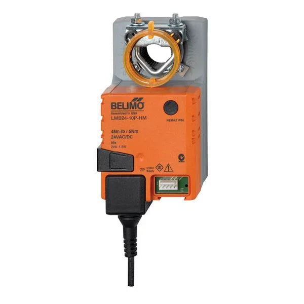 Belimo LMB24-10P-HM 5 Nm 24V ON/OFF actuator mounted on metal air damper in HVAC ventilation system