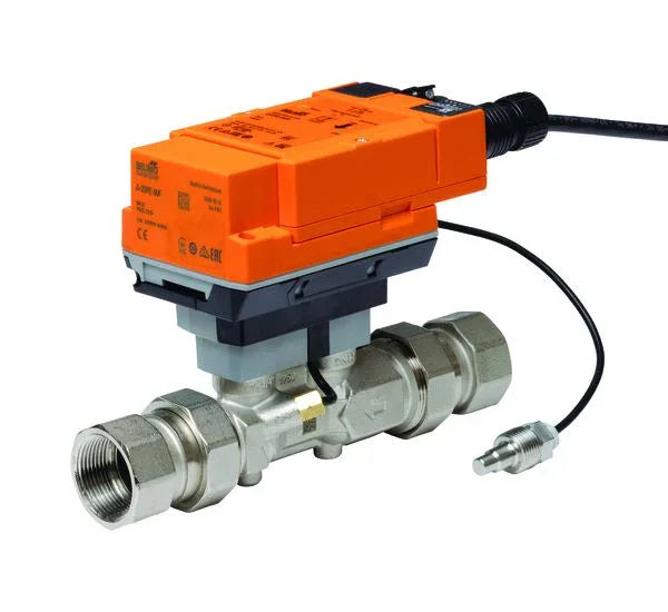 Belimo DN20 ultrasonic BTU meter installed inline measuring thermal energy in heating cooling water pipes with glycol compensation