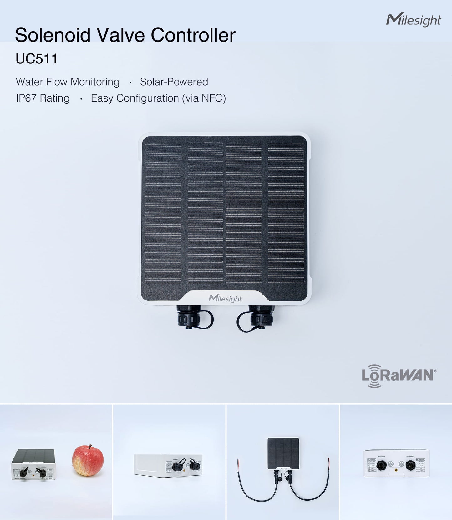 Milesight Solenoid Valve Controller Rechargeable 5100mAh Solar Battery UC511