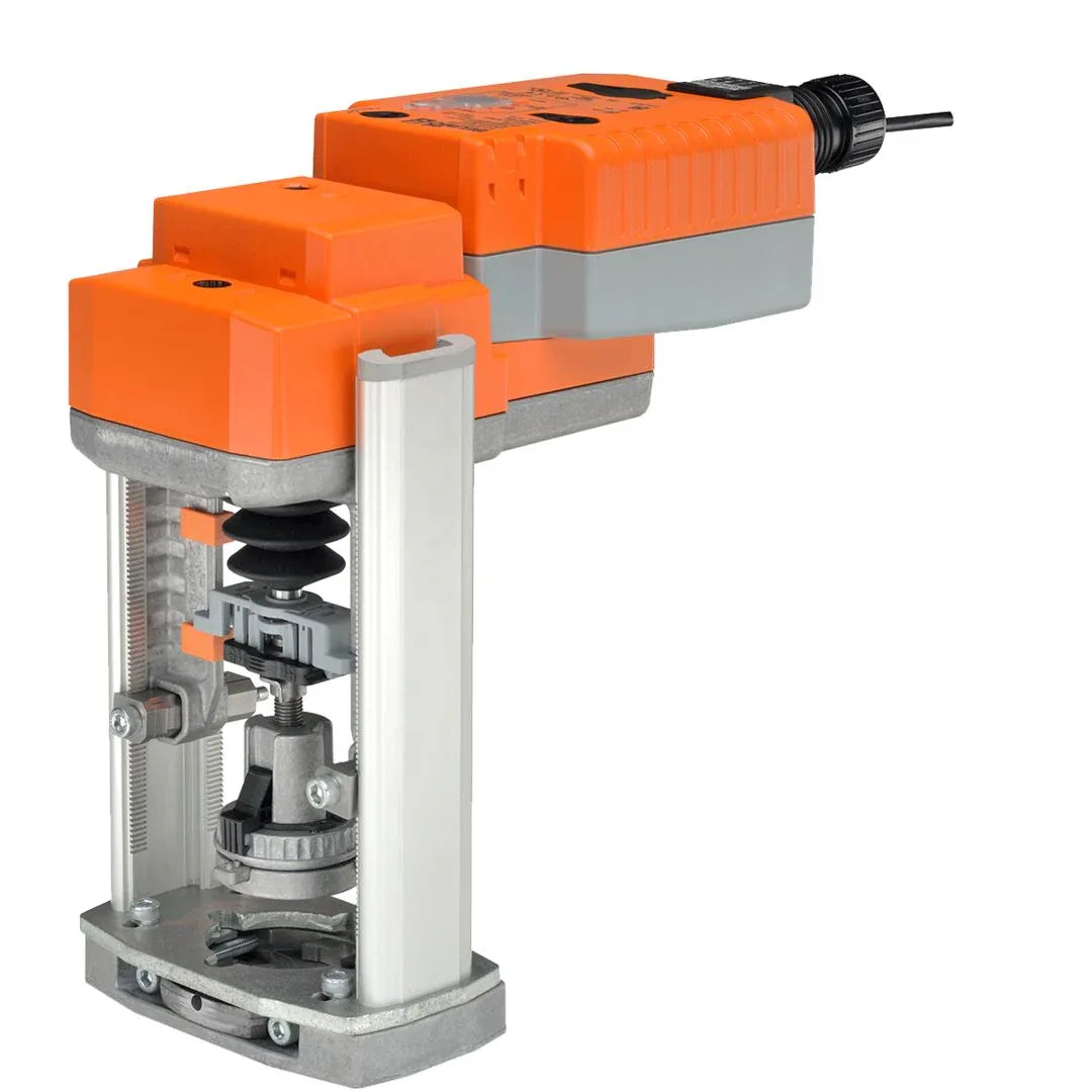 Belimo LV series fail-safe 24V MFT/P actuator with universal globe valve linkage mounted on valve for retrofit installation