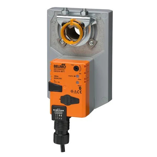 Belimo AM series 16Nm 24V damper actuator mounted on HVAC air damper showing position indicator and manual override button