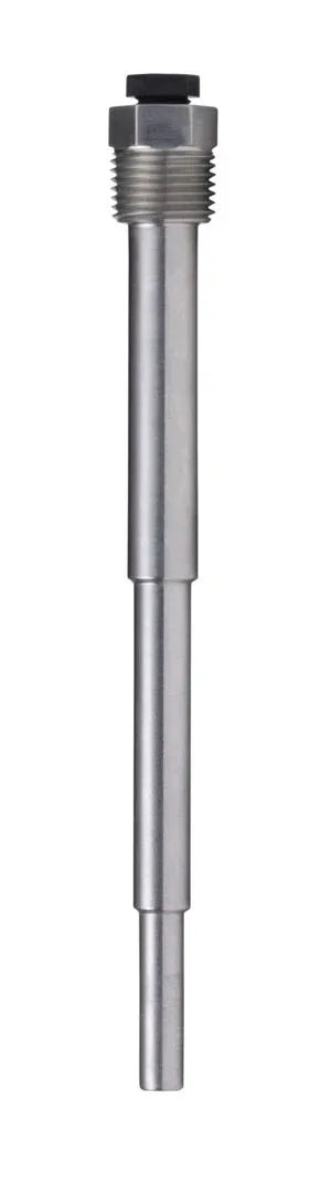 Belimo stainless steel thermowell 200mm machined pocket installed in pipe for immersion sensor protection