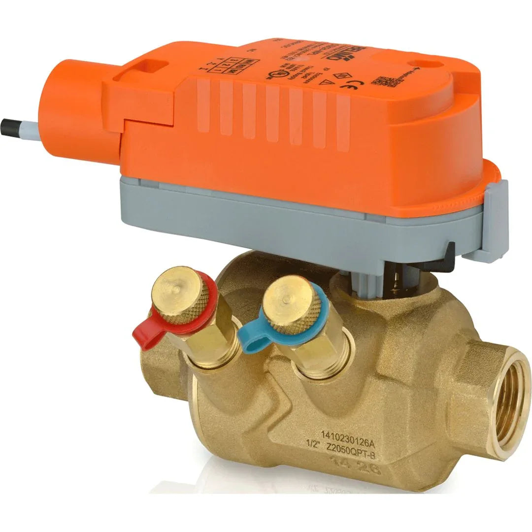 Belimo ZoneTight PIQCV ¾" 2-way ball valve with fail-safe 24V actuator mounted in commercial HVAC piping system