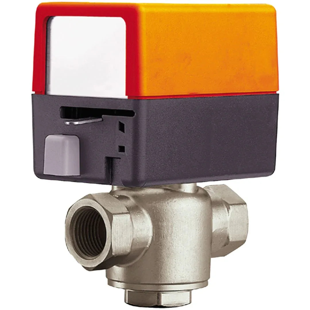 Belimo ZV 3/4 inch 3-way zone valve with spring-return 24V actuator on hydronic fan coil piping for water flow control