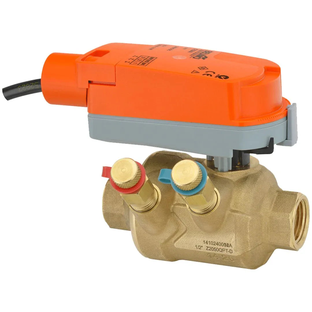 Belimo ZoneTight PIQCV ½" 2-way ball valve with 24V actuator on HVAC piping for commercial zone control