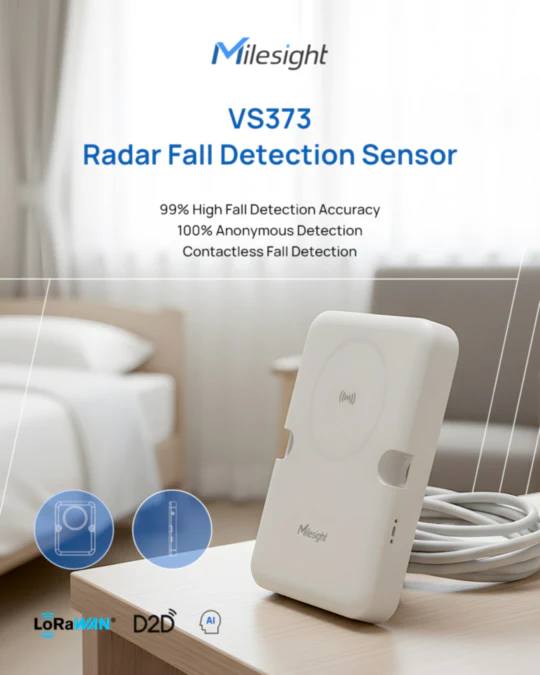 Milesight VS373 AI Fall Detection Sensor — radar-based elderly home care, privacy-preserving mmWave technology