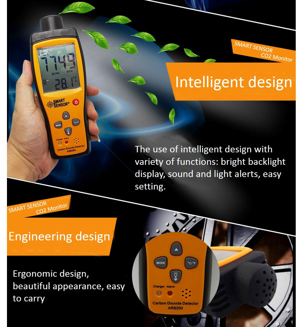 Smart Sensor AR8200 CO2 Carbon Dioxide Detector LCD Flash Buzzer HVAC