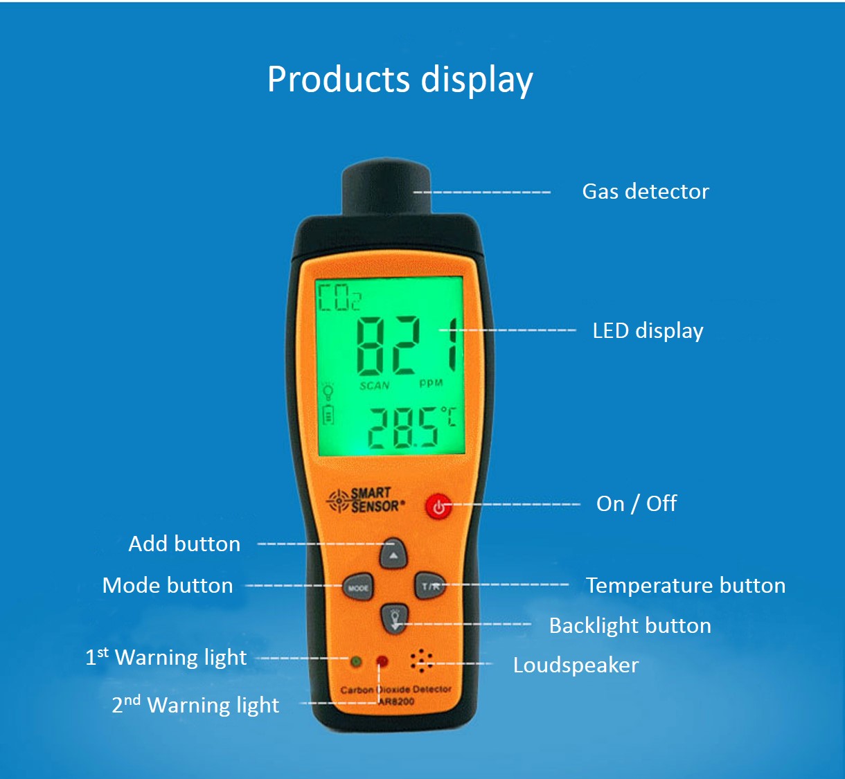 Smart Sensor AR8200 CO2 Carbon Dioxide Detector LCD Flash Buzzer HVAC