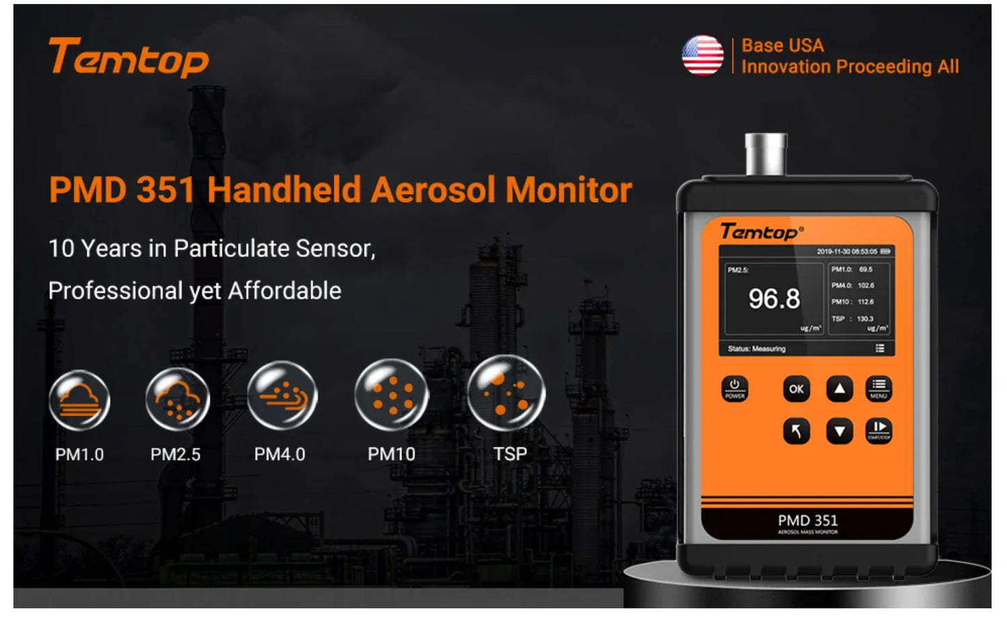 Meters - Temtop PMD351 Cal Cert Particle Counter Concentration Meter Aerosol Dust Monitor