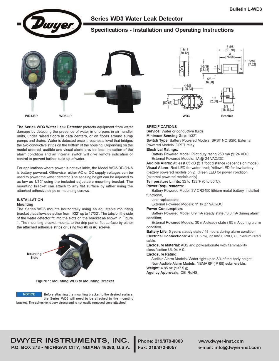 Dwyer WD3 Water Leak Detector 24VAC/DC DPDT Relay WD3-LP-D2